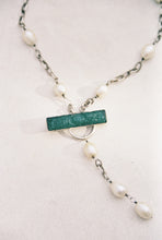 Load image into Gallery viewer, Carved Chrysoprase and Pearl Toggle Lariat Necklace
