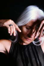 Load image into Gallery viewer, Blackened Silver Double  Ring with Aquamarine in Gold
