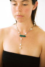 Load image into Gallery viewer, Carved Chrysoprase and Pearl Toggle Lariat Necklace
